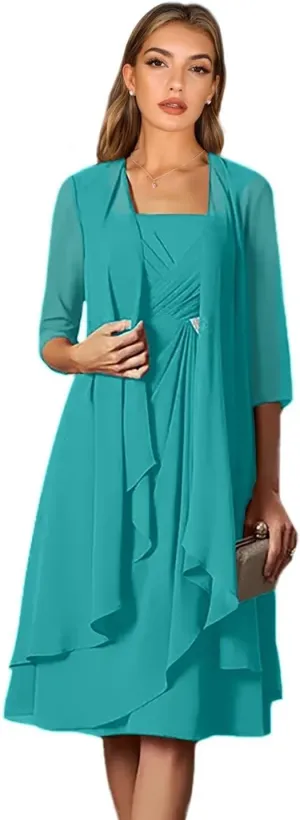 2 Piece Pleated Knee Length Chiffon Mother of The Bride Dresses with Jacket Beaded Formal Wedding Guest Gowns