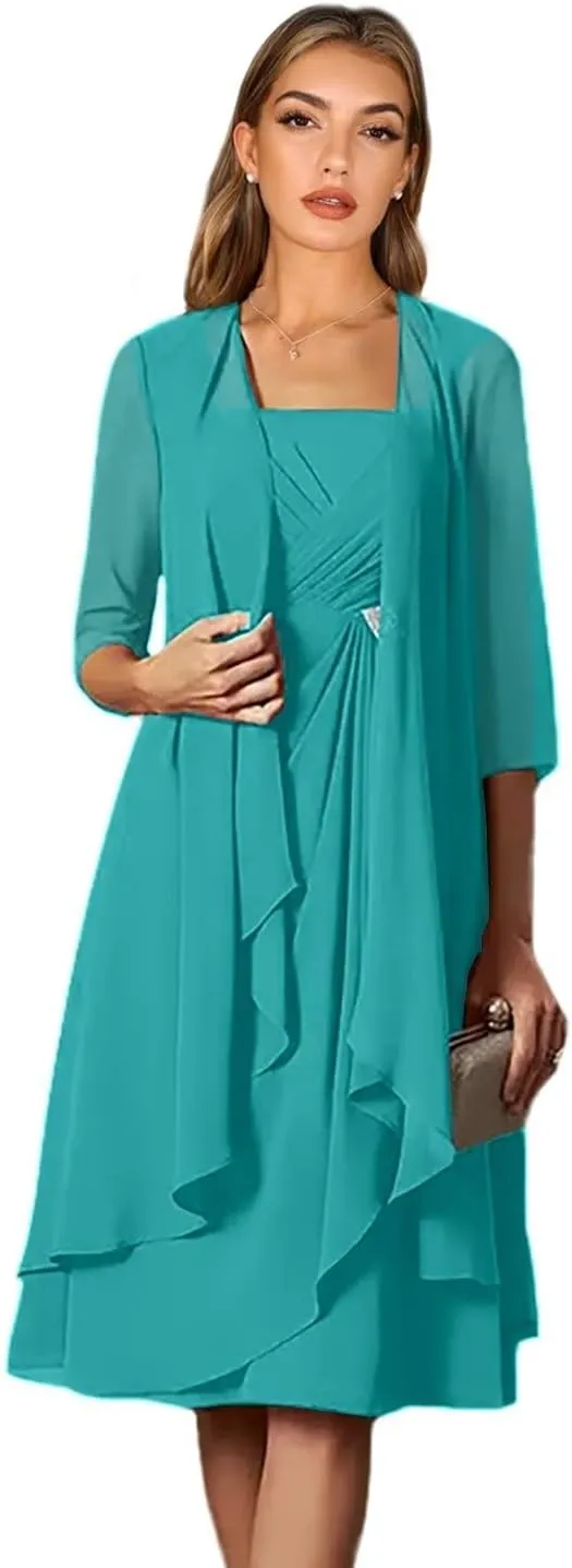 2 Piece Pleated Knee Length Chiffon Mother of The Bride Dresses with Jacket Beaded Formal Wedding Guest Gowns