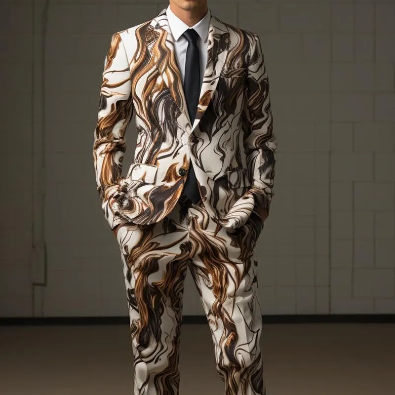 2 Piece Slim Fit Tuxedo Suits for Men Colorful Printed Party Blazer Pants Set