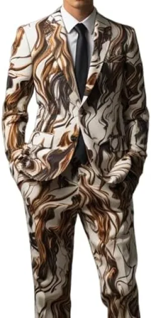 2 Piece Slim Fit Tuxedo Suits for Men Colorful Printed Party Blazer Pants Set