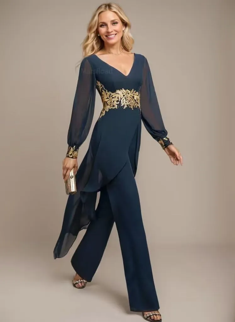 2 Pieces Mother of The Bride Pant Suits with Long Sleeve for Wedding V Neck Floral Formal Outfits for Women PG017