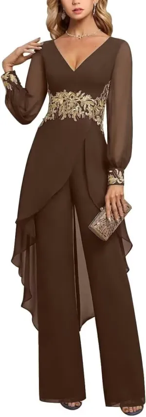2 Pieces Mother of The Bride Pant Suits with Long Sleeve for Wedding V Neck Floral Formal Outfits for Women PG017