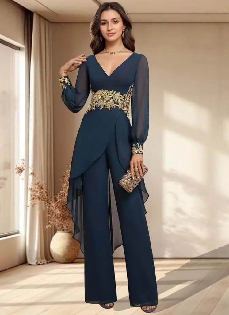 2 Pieces Mother of The Bride Pant Suits with Long Sleeve for Wedding V Neck Floral Formal Outfits for Women PG017