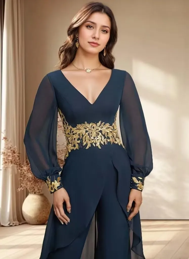 2 Pieces Mother of The Bride Pant Suits with Long Sleeve for Wedding V Neck Floral Formal Outfits for Women PG017
