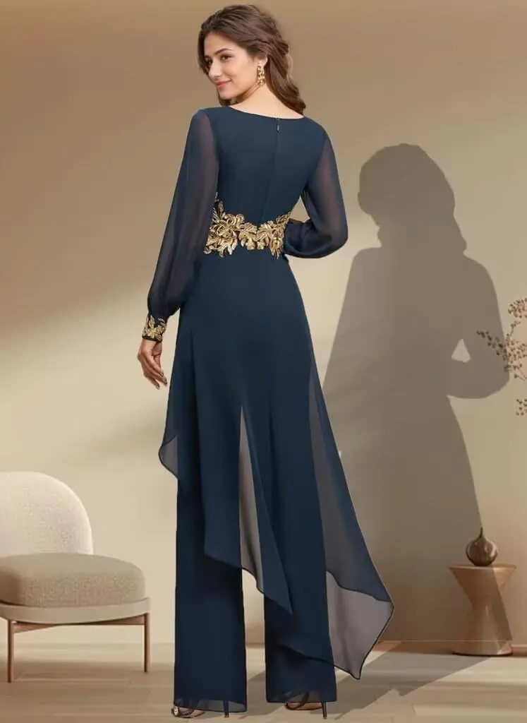 2 Pieces Mother of The Bride Pant Suits with Long Sleeve for Wedding V Neck Floral Formal Outfits for Women PG017