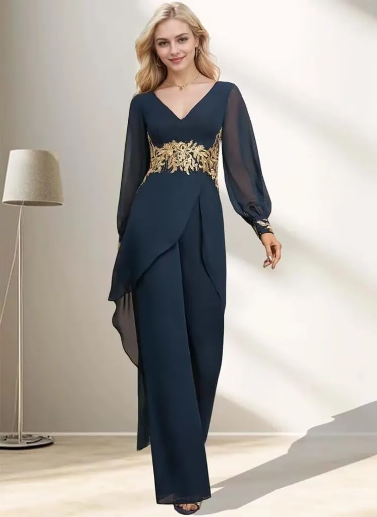 2 Pieces Mother of The Bride Pant Suits with Long Sleeve for Wedding V Neck Floral Formal Outfits for Women PG017