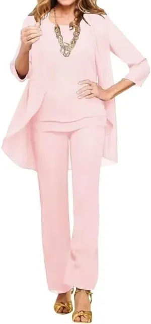 3 Pieces Pant Suits for Women Dressy Wedding Chiffon Mother of The Bride Pantsuits 3/4 Sleeves Formal Outfit Sets