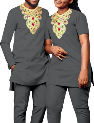 African Couple Suit Men's Long Sleeved T-Shirt Pants Two-Piece Suit, Women's Short Sleeved Suit Chest Hot Gold Print
