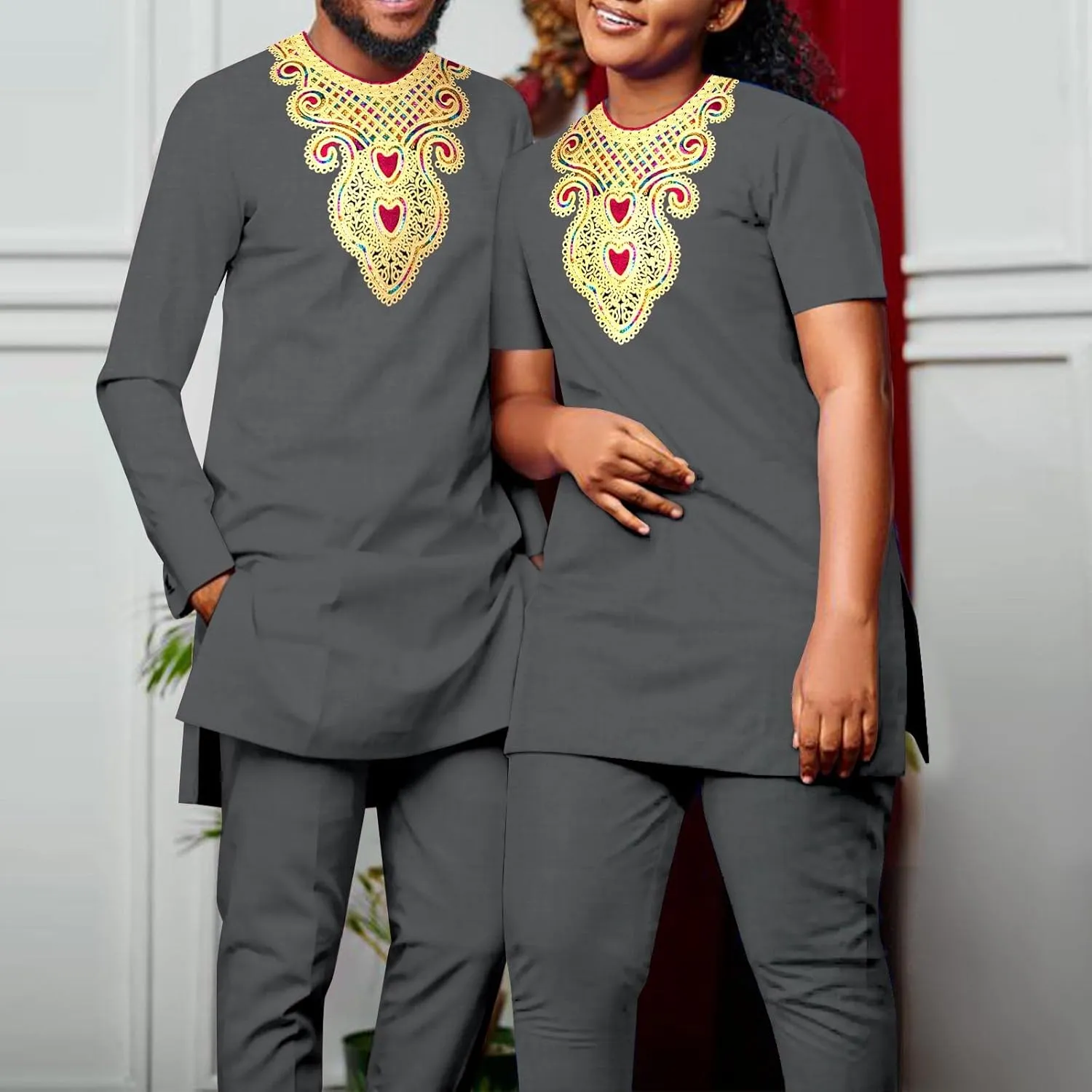 African Couple Suit Men's Long Sleeved T-Shirt Pants Two-Piece Suit, Women's Short Sleeved Suit Chest Hot Gold Print