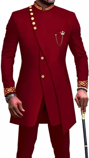 African Suits for Men Slim Fit 2 Piece Suits Formal Wedding Prom Suit Embroidery Chain Blazer Pants Set