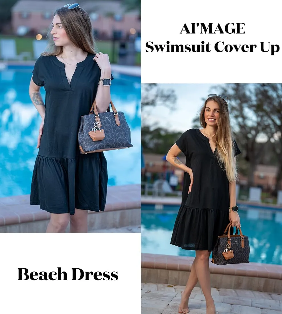 AI'MAGE Womens Swimsuit Coverups Bikini Beach Swimwear Cover Up V Neck Bathing Suit Cover Up Dress A-line Beach Dress