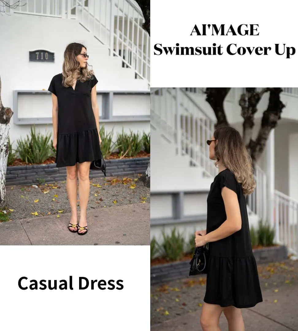 AI'MAGE Womens Swimsuit Coverups Bikini Beach Swimwear Cover Up V Neck Bathing Suit Cover Up Dress A-line Beach Dress