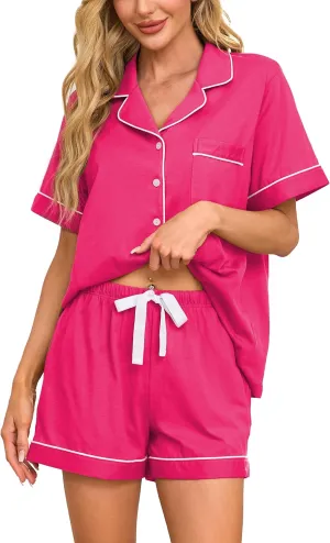 ANLIQI Womens Cotton Pajama Sets Short Summer Pjs Sets Soft Button Down Sleepwear Short Sleeve Shirt&Pants Sleepwear