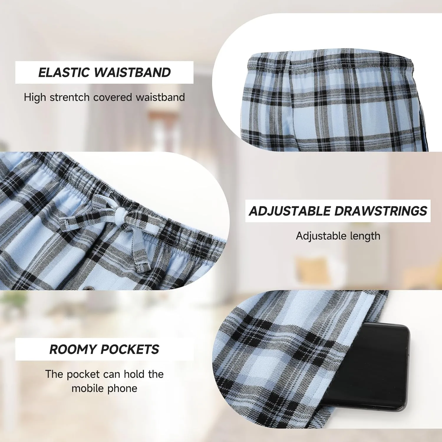 BAMBOO COOL Men's Pajama Shorts Plaid Sleep Short Pants with Pockets Soft Lounge Woven Pajamas Bottoms for Men