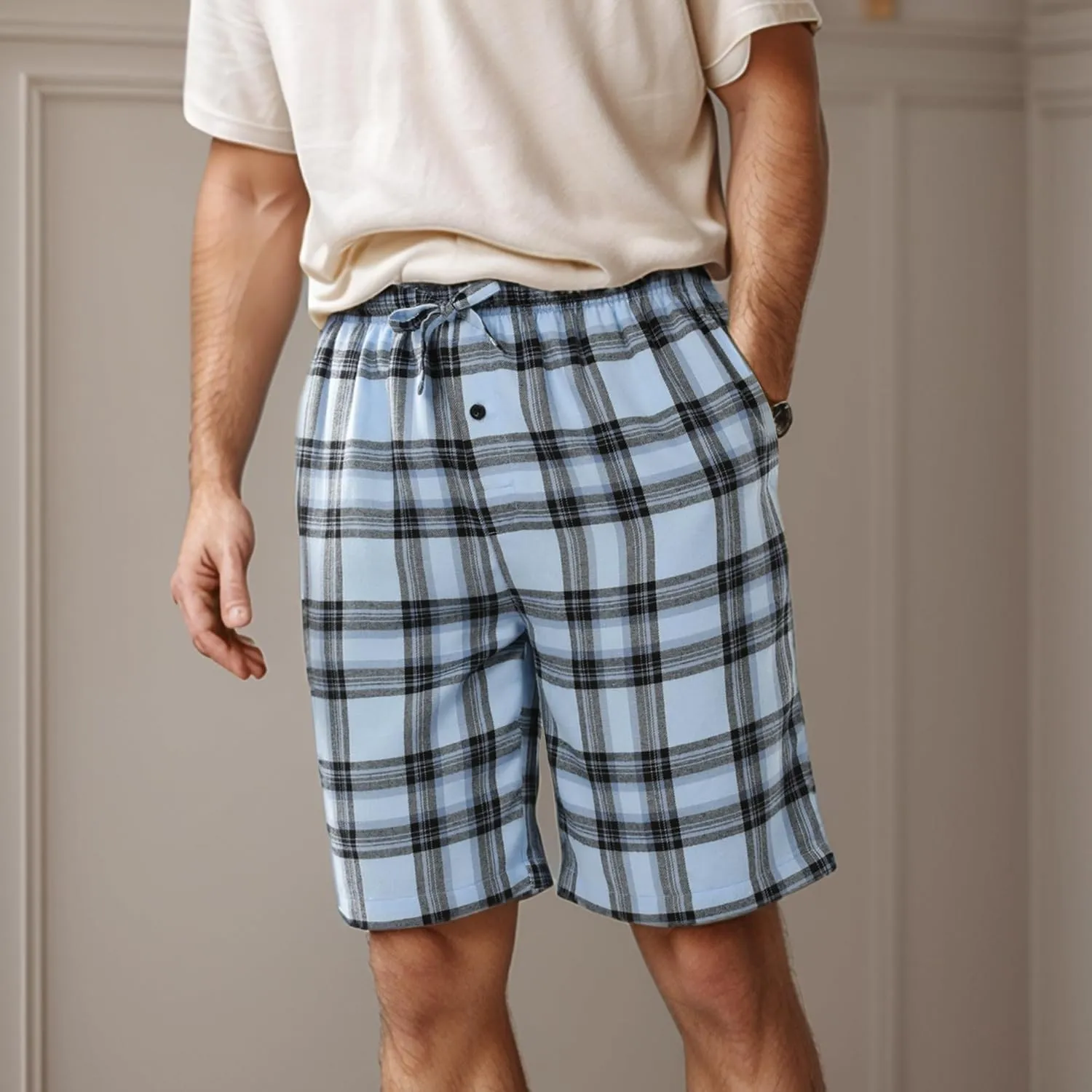BAMBOO COOL Men's Pajama Shorts Plaid Sleep Short Pants with Pockets Soft Lounge Woven Pajamas Bottoms for Men
