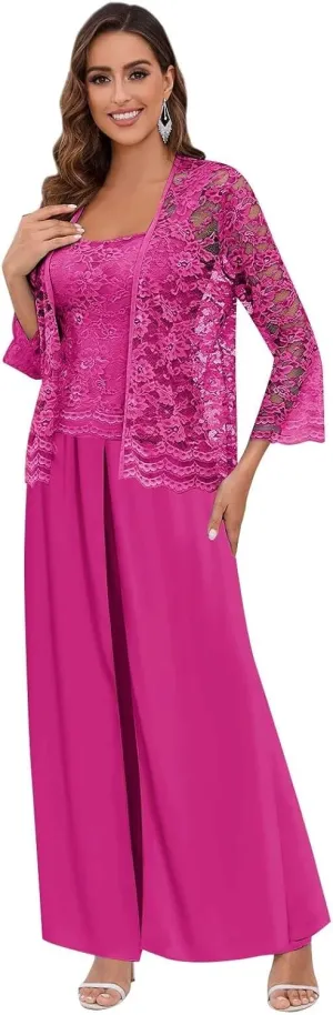 BANTRATIC 3 Piece Mother of The Bride Pantsuits with Jacket for Wedding Long Sleeve Evening Formal Prom Cocktail Pant Outfits
