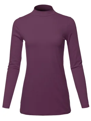 Basic Solid Soft Cotton Long Sleeve Mock Neck Top Shirts