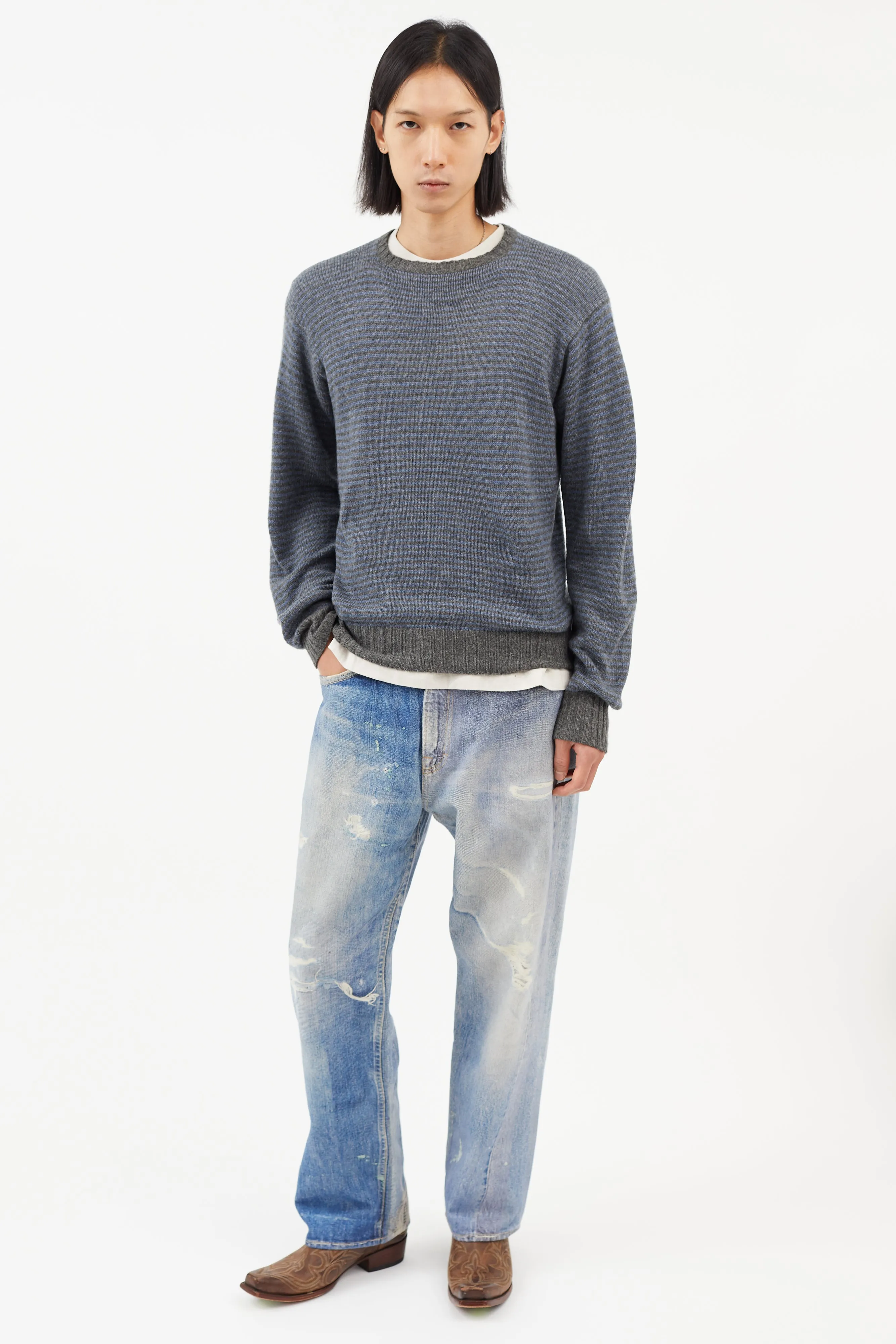 Blue & Grey Cashmere Striped Knit Sweater