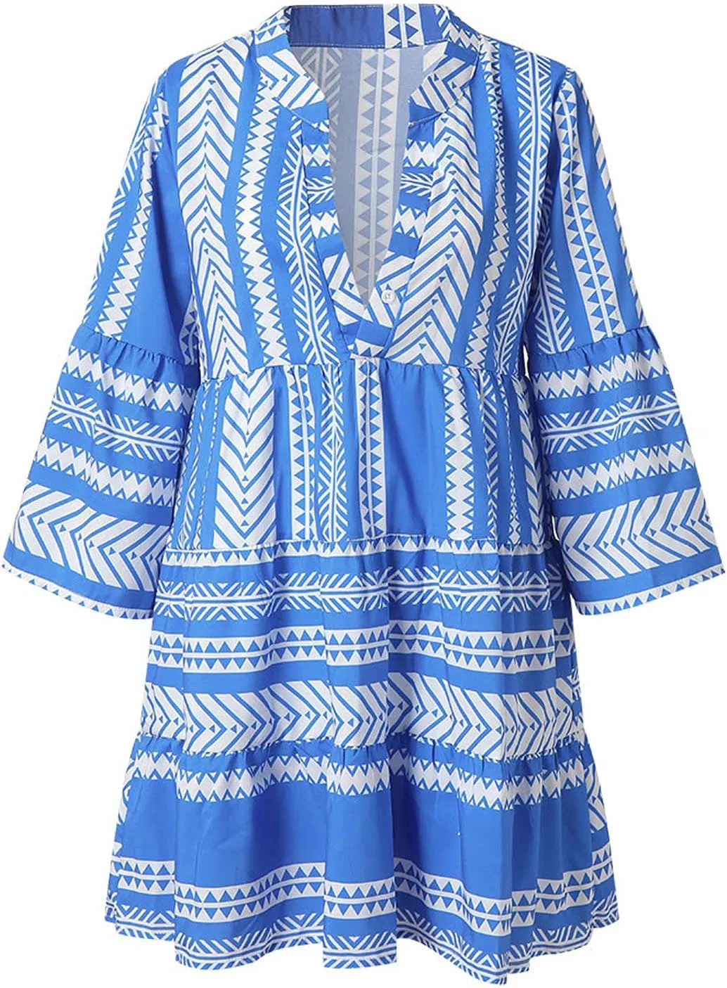Boho Dresses for Women,2024 Summer Trendy Floral Print Beach Dress,Casual Loose V Neck 3/4 Sleeve Mini Vacation Dress