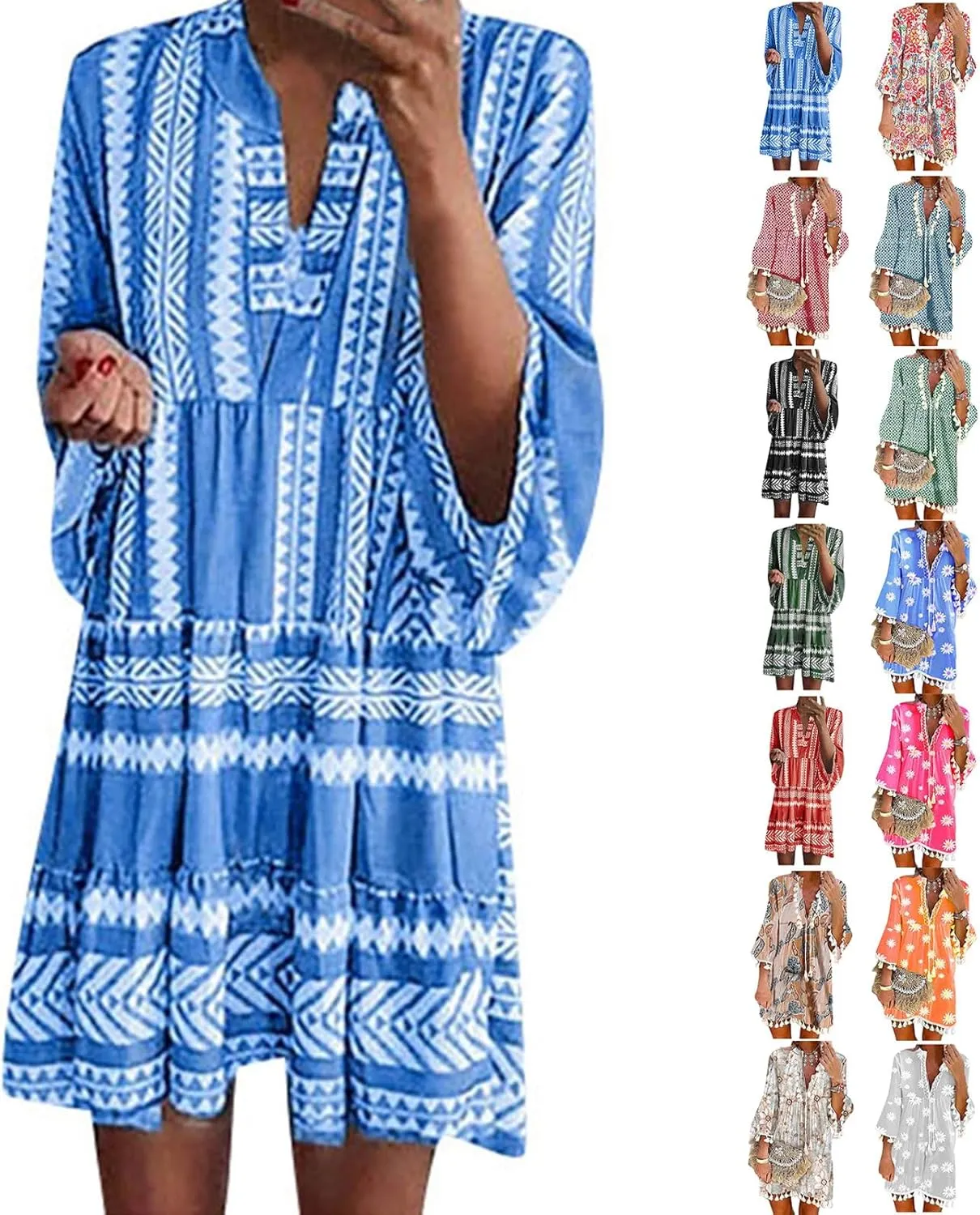 Boho Dresses for Women,2024 Summer Trendy Floral Print Beach Dress,Casual Loose V Neck 3/4 Sleeve Mini Vacation Dress