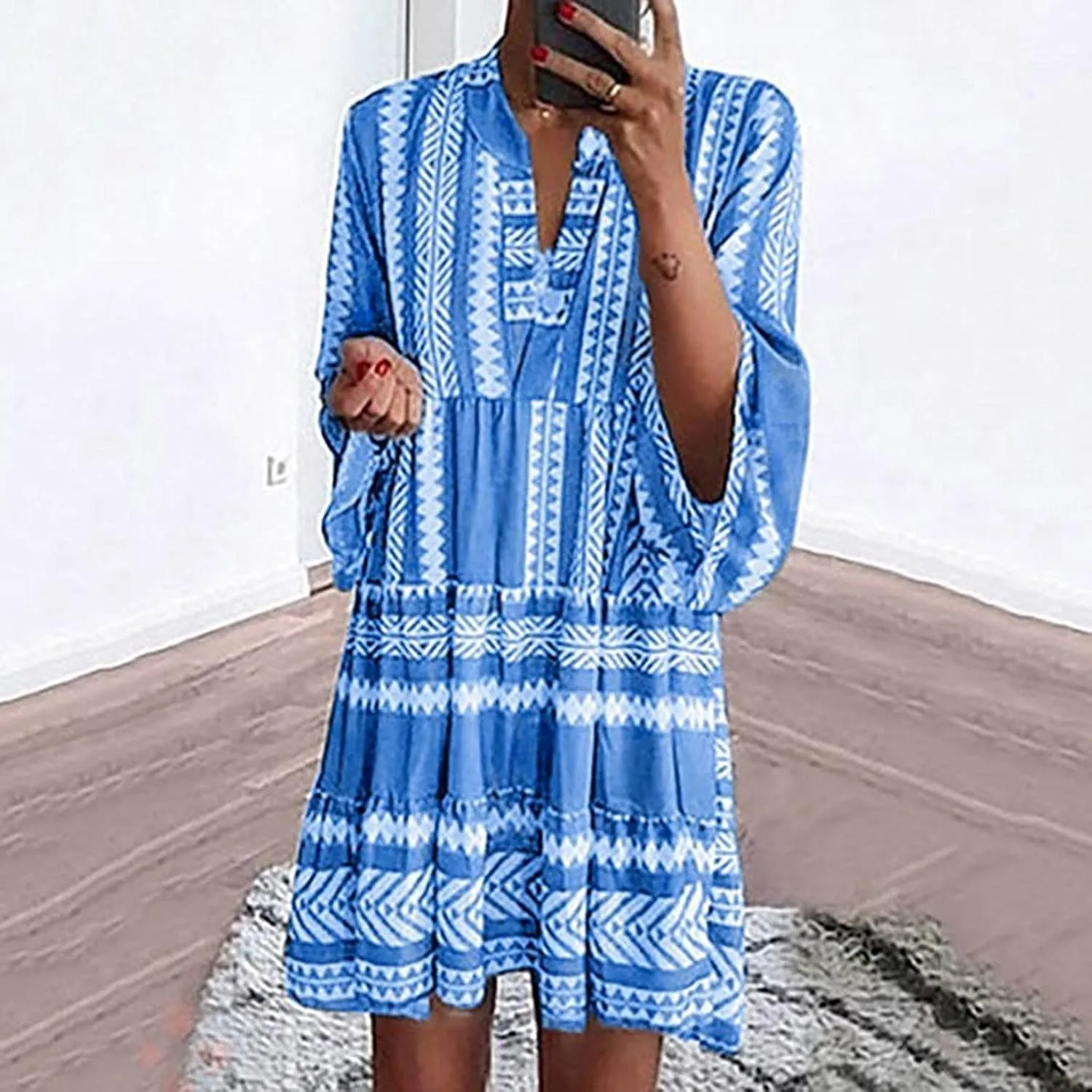 Boho Dresses for Women,2024 Summer Trendy Floral Print Beach Dress,Casual Loose V Neck 3/4 Sleeve Mini Vacation Dress