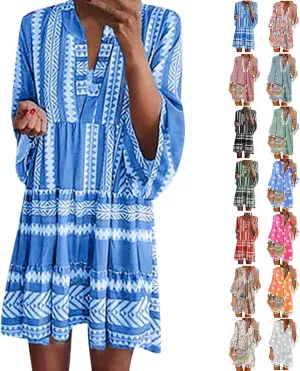 Boho Dresses for Women,2024 Summer Trendy Floral Print Beach Dress,Casual Loose V Neck 3/4 Sleeve Mini Vacation Dress