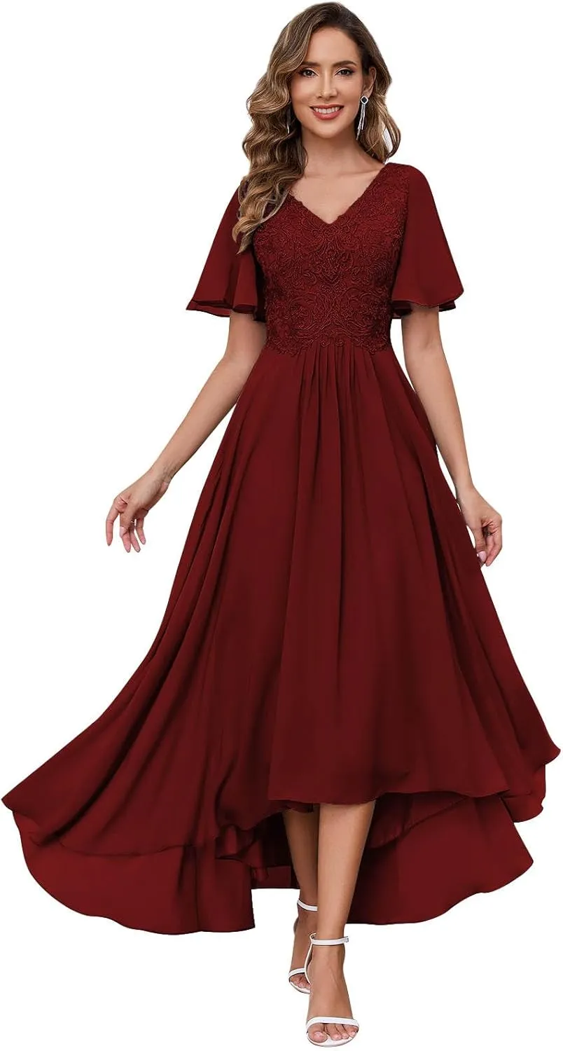 BOLENSYE Lace Appliques Mother of The Bride Dresses for Wedding with Sleeves Tea Length Formal Evening Party Gown