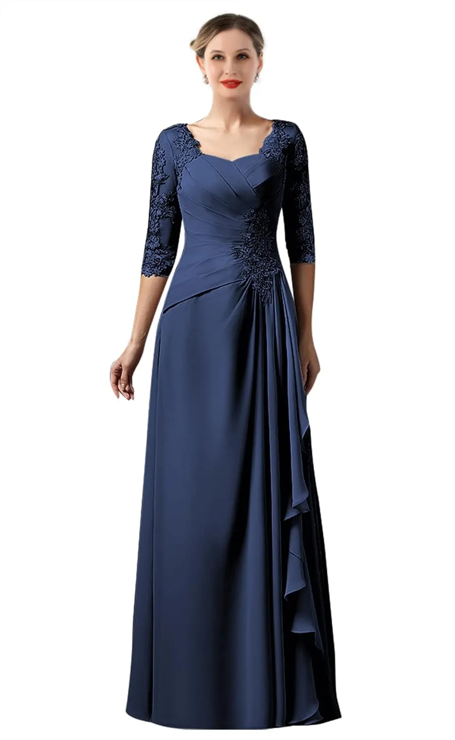 BONOYUER Lace Applique Mother of The Bride Dress with Sleeves Ruffle Chiffon Long Formal Evening Dress