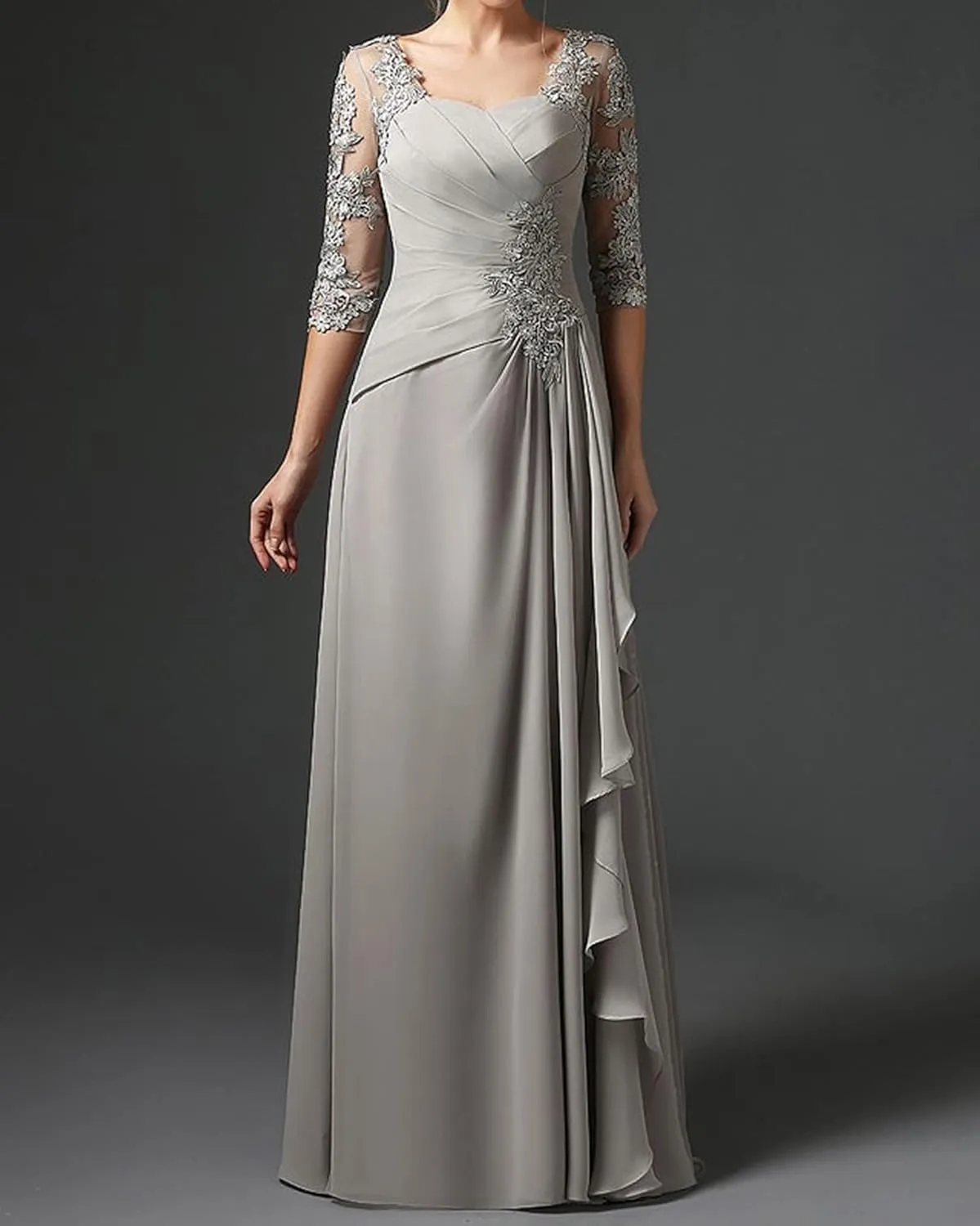 BONOYUER Lace Applique Mother of The Bride Dress with Sleeves Ruffle Chiffon Long Formal Evening Dress