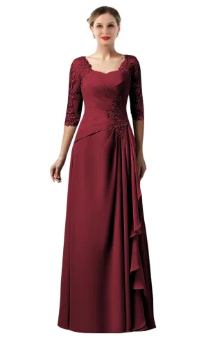 BONOYUER Lace Applique Mother of The Bride Dress with Sleeves Ruffle Chiffon Long Formal Evening Dress