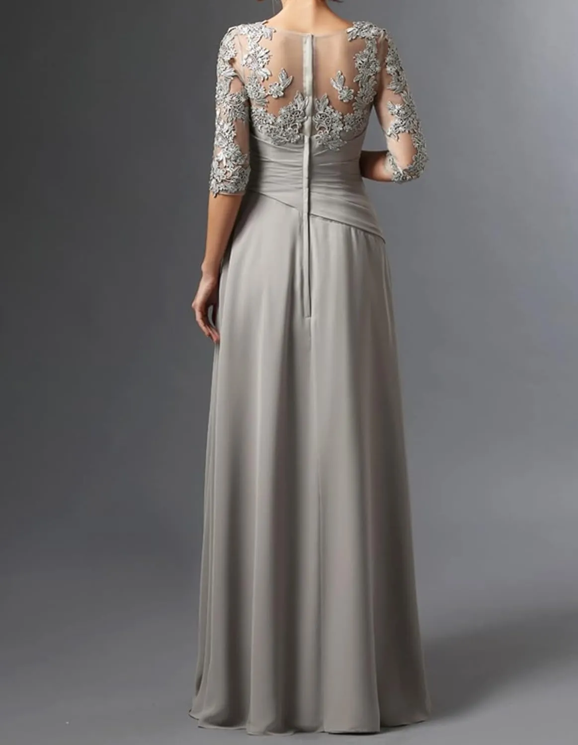 BONOYUER Lace Applique Mother of The Bride Dress with Sleeves Ruffle Chiffon Long Formal Evening Dress