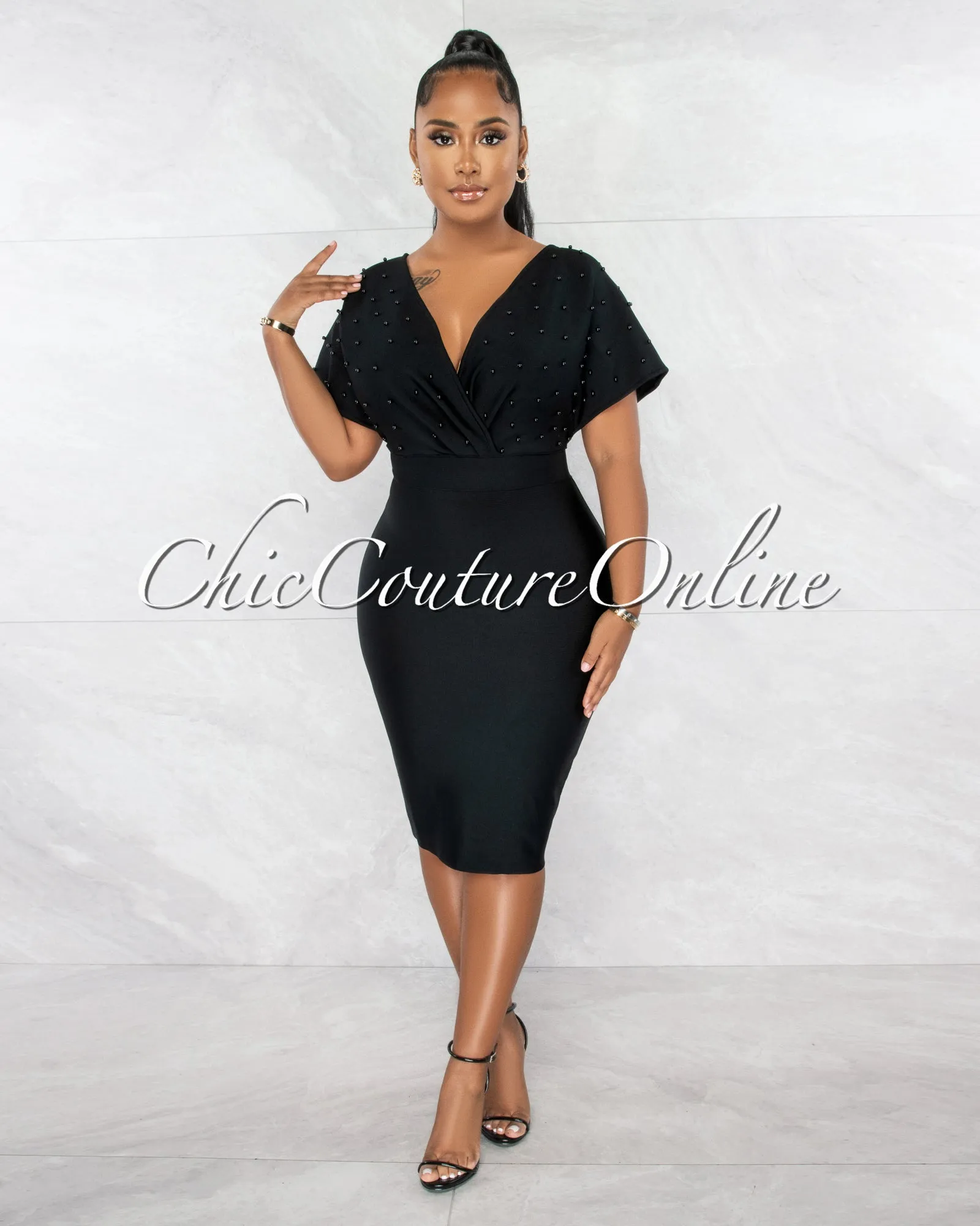 Bordan Black Pearl Top Bandage Midi Dress