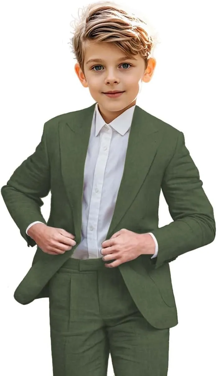 Boys Linen Suit 2 Piece Casual Suits for Toddler Boys Kids Summer Beach Wedding Linen Blazer Pants Set