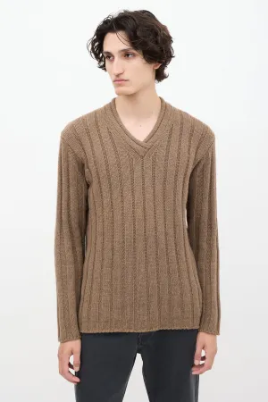 Brown Cashmere Ribbed Knit V-Neck Sweater