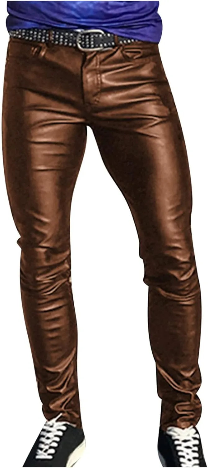 Cambkatl Men's Classic Leather Pants Retro Gothic Slim Fit Fashion Stretch Tight Trousers Night Club Metallic Moto Jeans