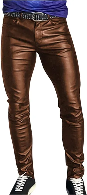 Cambkatl Men's Classic Leather Pants Retro Gothic Slim Fit Fashion Stretch Tight Trousers Night Club Metallic Moto Jeans