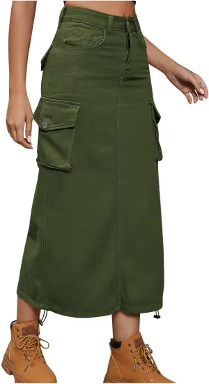 Cargo Skirts for Women Midi Long Denim Jean Skirt High Waisted Summer A-Line Y2K Cargo Pencil Denim Skirt with Pocket