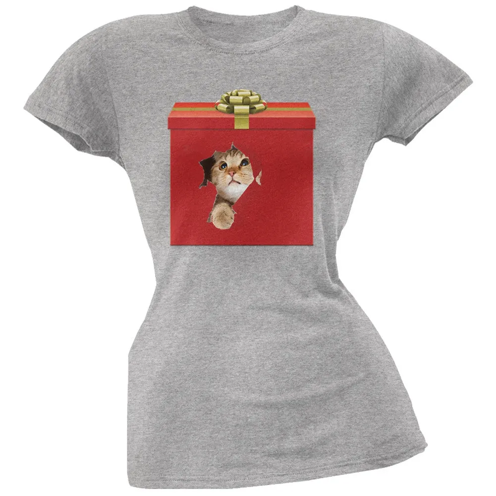 Christmas Present Cat Black Soft Juniors T-Shirt