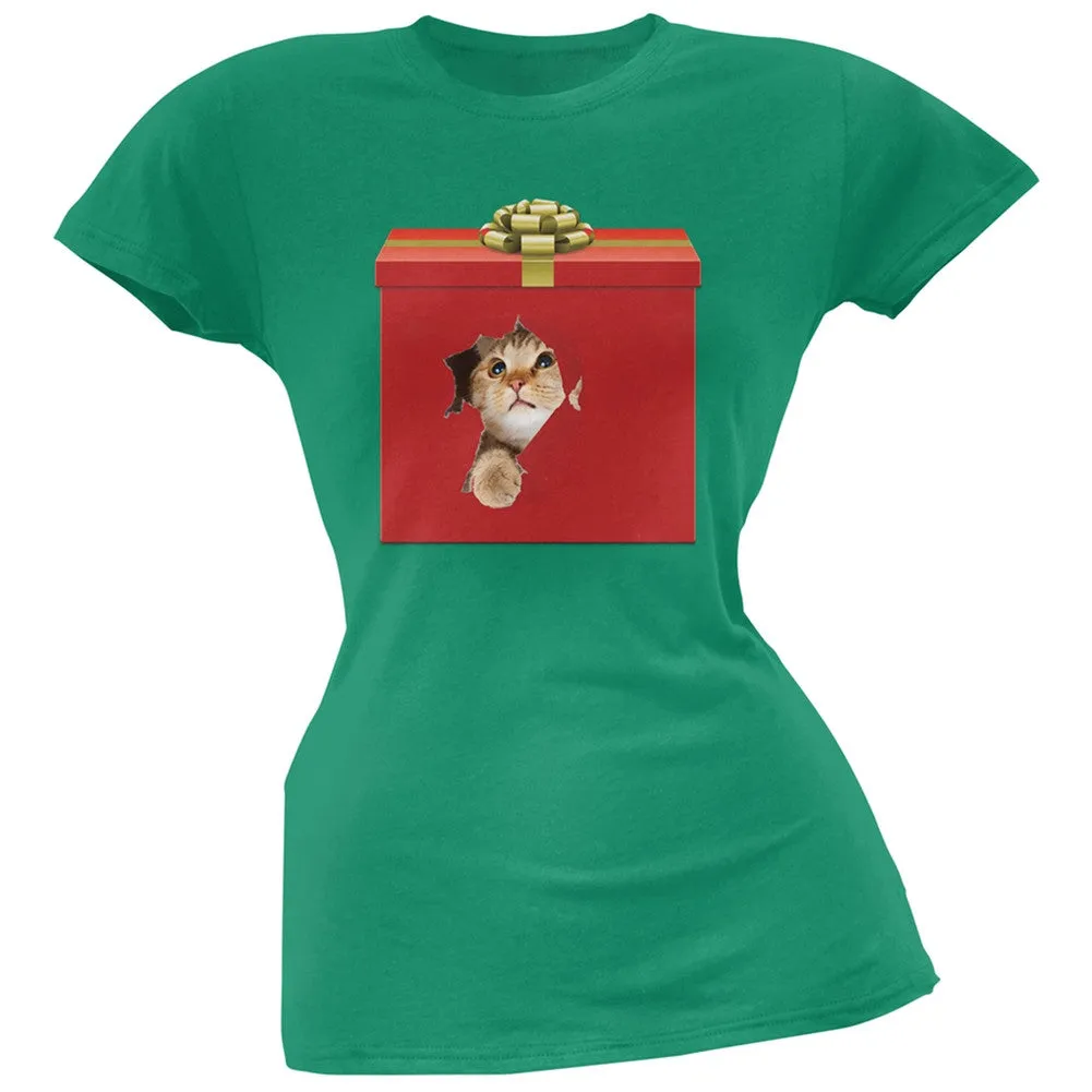 Christmas Present Cat Black Soft Juniors T-Shirt