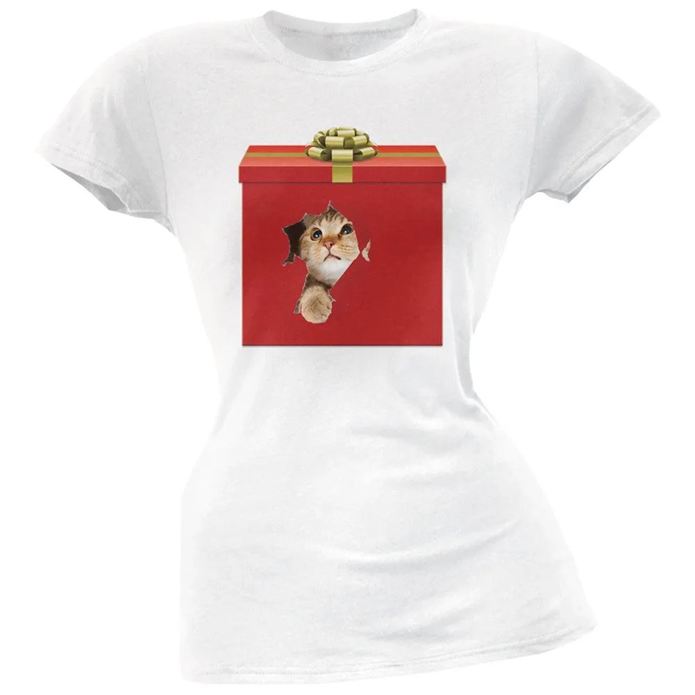 Christmas Present Cat Black Soft Juniors T-Shirt
