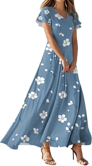 Church Dresses for Women 2025 Summer Elegant Classy Flowy Ruffle Swing V Neck A Line Dress Casual Boho Long Sundress