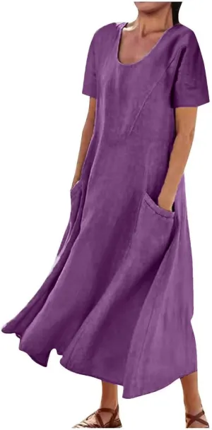Cotton Linen Maxi Dress Summer Fashion Short Sleeve Beach Dresses Boho Casual Sundress Ladies Vacation Outfits 2025