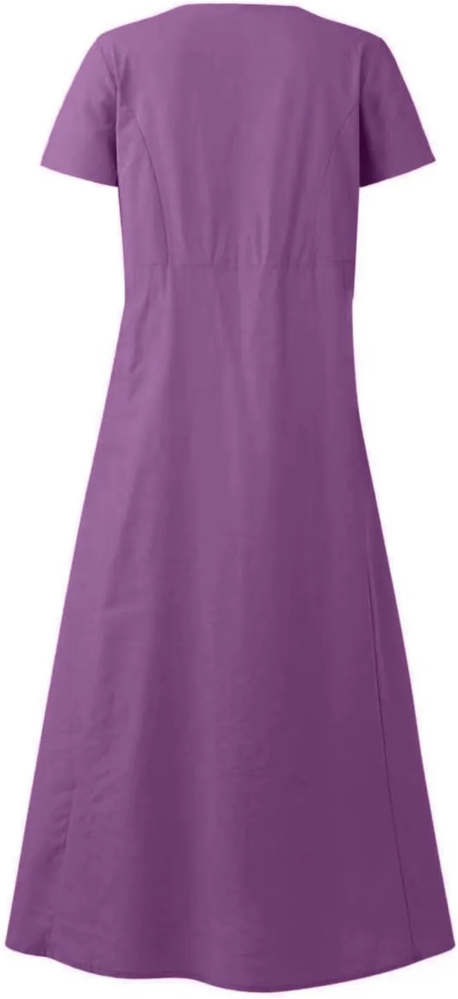 Cotton Linen Maxi Dress Summer Fashion Short Sleeve Beach Dresses Boho Casual Sundress Ladies Vacation Outfits 2025