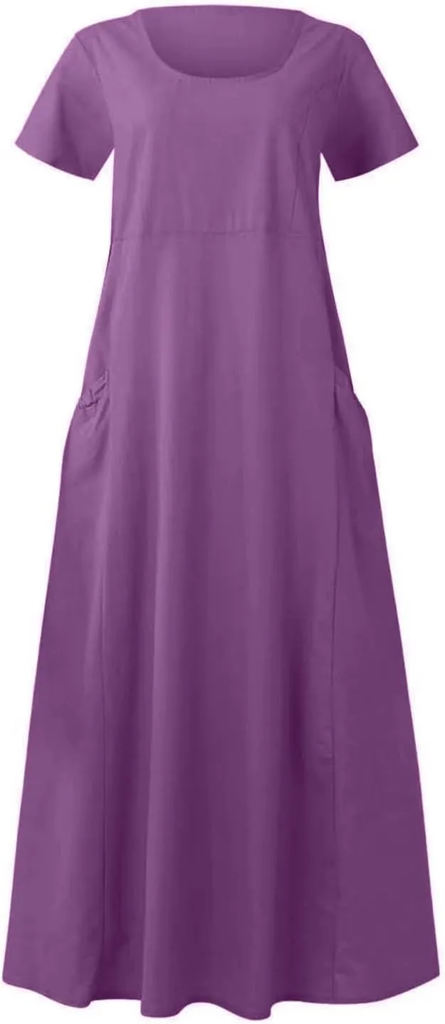 Cotton Linen Maxi Dress Summer Fashion Short Sleeve Beach Dresses Boho Casual Sundress Ladies Vacation Outfits 2025
