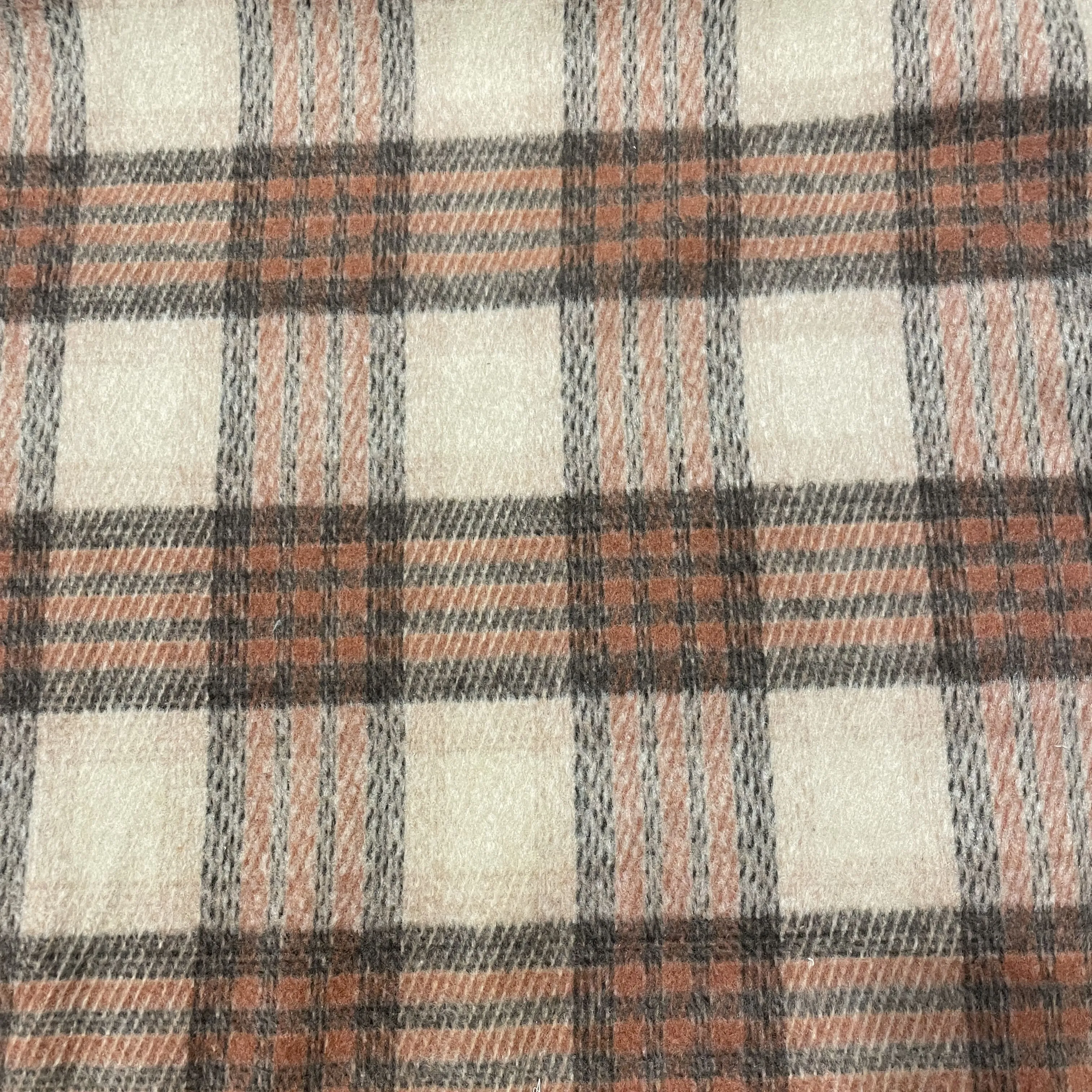 Cream Brown Check Print Woolen Tweed Fabric