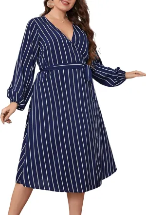CUPSHE Womens Plus Size Dress 2024 Long Sleeve Midi Dresses V Neck Belted A Line Spring Dress