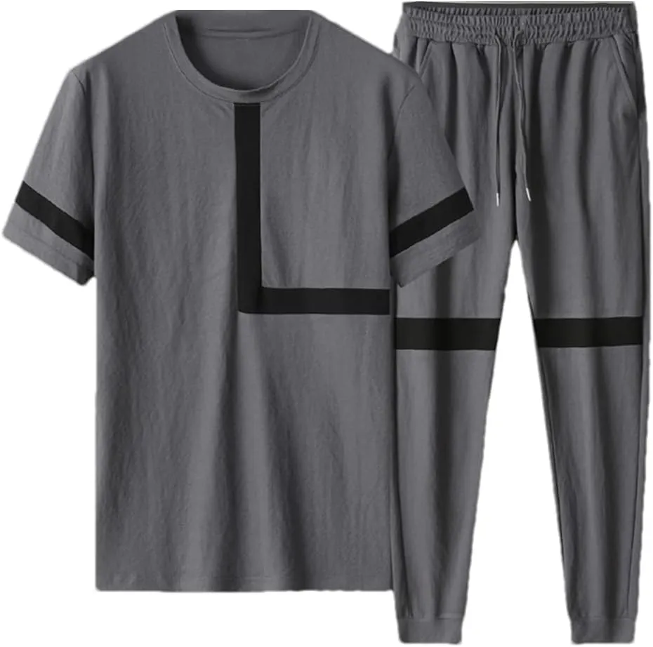 Dninmim Sports Suit Men's Summer Quick Dry Short-Sleeved T-Shirt Long Trousers Two-Piece Thin Section Black