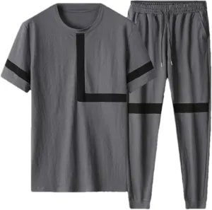 Dninmim Sports Suit Men's Summer Quick Dry Short-Sleeved T-Shirt Long Trousers Two-Piece Thin Section Black