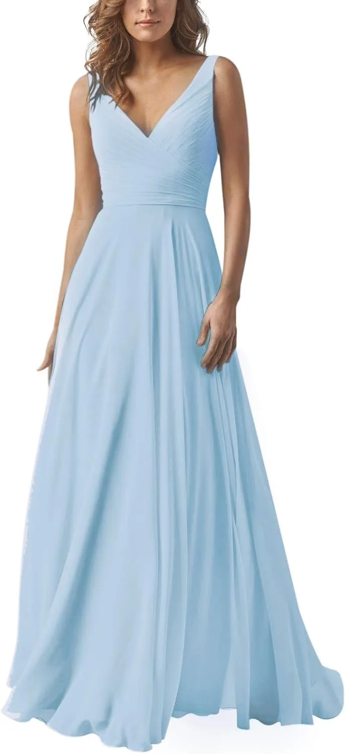 Double V Neck Bridesmaid Dresses Long Baby Blue Chiffon Formal Evening Gown for Wedding US2