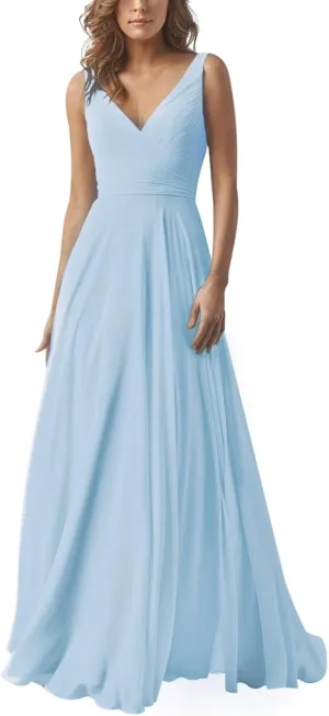 Double V Neck Bridesmaid Dresses Long Baby Blue Chiffon Formal Evening Gown for Wedding US2